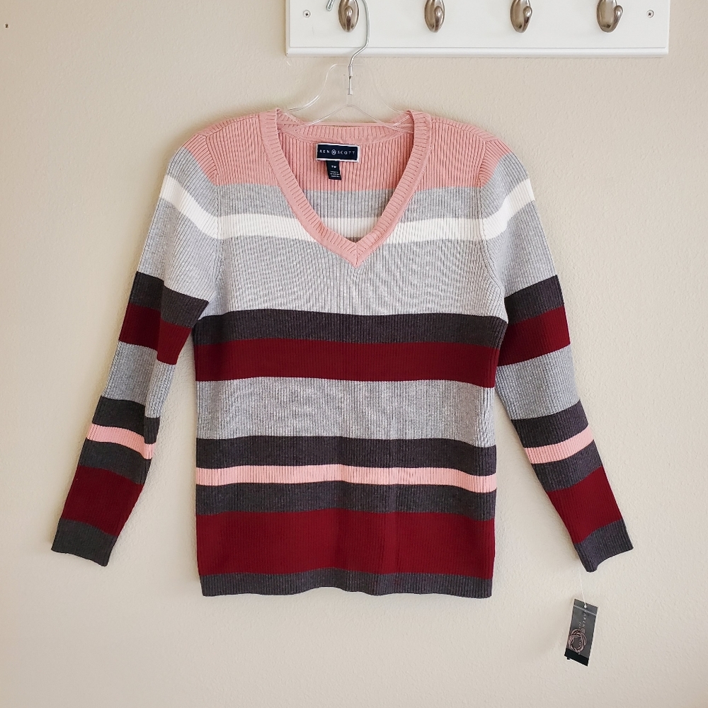 Karen Scott v neck sweater PM Petite Striped New